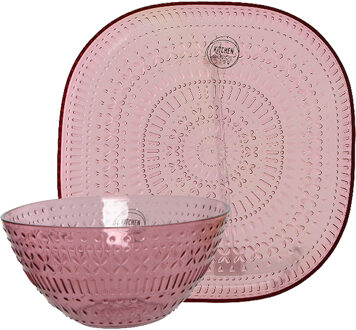 Decoris Camping serviesset - 8-delig - roze - kunststof - 4 personen