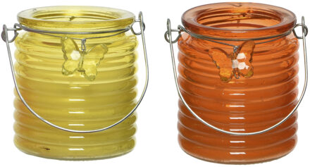 Decoris Citronella kaars - 2x - in windlicht - geel en oranje - 20 branduren - citrusgeur