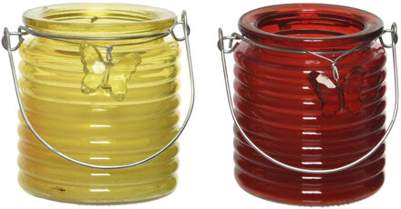 Decoris Citronella kaars - 2x - in windlicht - geel en rood - 20 branduren - citrusgeur