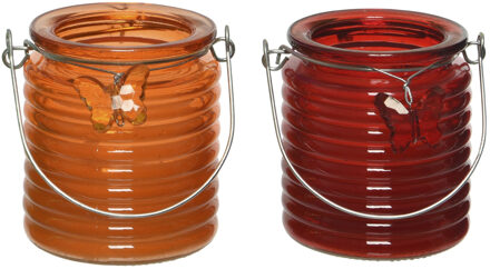 Decoris Citronella kaars - 2x - in windlicht - oranje en rood - 20 branduren - citrusgeur - geurkaarsen Multikleur