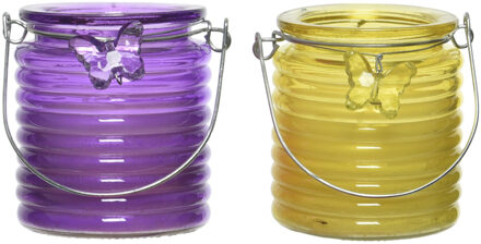 Decoris Citronella kaars - 2x - in windlicht - paars en geel - 20 branduren - citrusgeur
