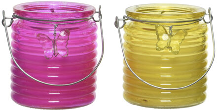 Decoris Citronella kaars - 2x - in windlicht - roze en geel - 20 branduren - citrusgeur
