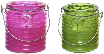 Decoris Citronella kaars - 2x - in windlicht - roze en groen - 20 branduren - citrusgeur