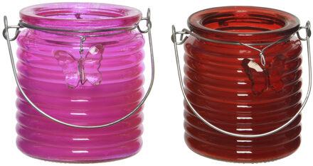 Decoris Citronella kaars - 2x - in windlicht - roze en rood - 20 branduren - citrusgeur