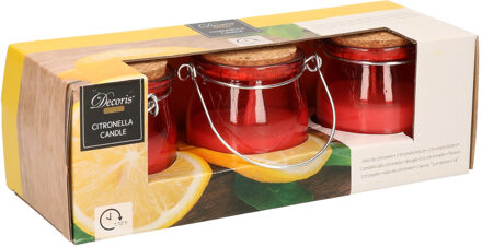 Decoris Citronella kaars - 3x - in rood glazen potje - 8 branduren - citrusgeur - geurkaarsen