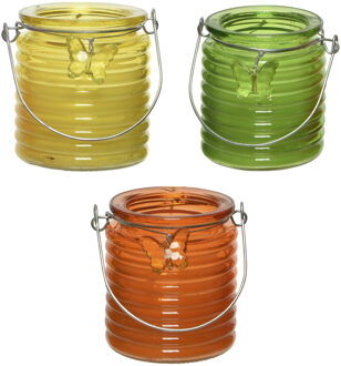 Decoris Citronella kaars - 3x - in windlicht - geel/groen en oranje - 20 branduren - citrusgeur