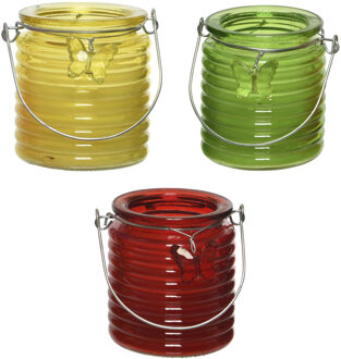 Decoris Citronella kaars - 3x - in windlicht - geel/groen en rood - 20 branduren - citrusgeur