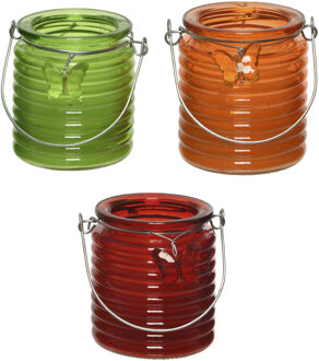 Decoris Citronella kaars - 3x - in windlicht - groen/oranje en rood - 20 branduren - citrusgeur