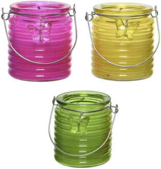 Decoris Citronella kaars - 3x - in windlicht - roze/geel en groen - 20 branduren - citrusgeur - geurkaarsen Multikleur