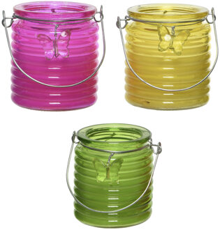 Decoris Citronella kaars - 3x - in windlicht - roze/geel en groen - 20 branduren - citrusgeur