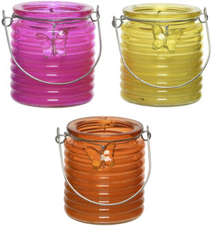 Decoris Citronella kaars - 3x - in windlicht - roze/geel en oranje - 20 branduren - citrusgeur - geurkaarsen Multikleur