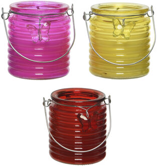 Decoris Citronella kaars - 3x - in windlicht - roze/geel en rood - 20 branduren - citrusgeur