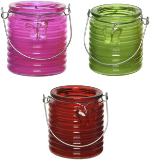 Decoris Citronella kaars - 3x - in windlicht - roze/groen en rood - 20 branduren - citrusgeur