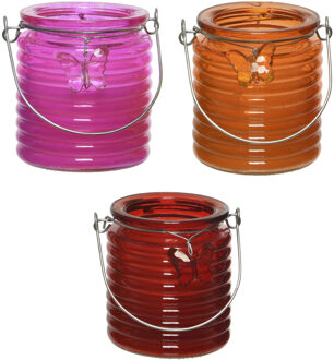 Decoris Citronella kaars - 3x - in windlicht - roze/oranje en rood - 20 branduren - citrusgeur