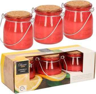 Decoris Citronella kaars - 6x - in rood glazen potje - 8 branduren - citrusgeur