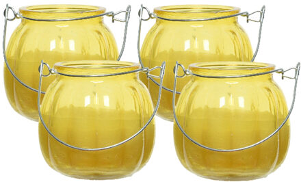 Decoris Citronella kaars voor buiten - 4x - glas - geel - 15 branduren - D8 x H8 cm - citrus geur