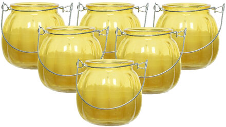 Decoris Citronella kaars voor buiten - 6x - glas - geel - 15 branduren - D8 x H8 cm - citrus geur