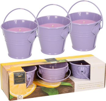 Decoris Citronella kaarsen - in zink potje - set 6x - paars - 5 branduren - geurkaarsen