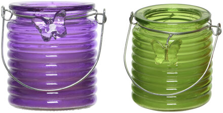 Decoris Citronella windlicht met kaars - 2x - paars en groen - 20 branduren - citrusgeur