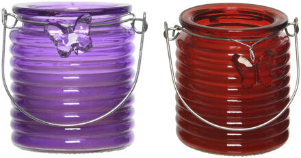 Decoris Citronella windlicht met kaars - 2x - paars en rood - 20 branduren - citrusgeur