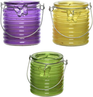 Decoris Citronella windlicht met kaars - 3x - paars/geel en groen - 20 branduren - citrusgeur - geurkaarsen Multikleur