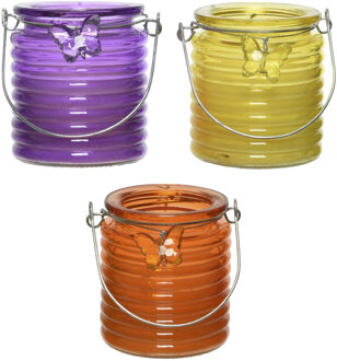 Decoris Citronella windlicht met kaars - 3x - paars/geel en oranje - 20 branduren - citrusgeur