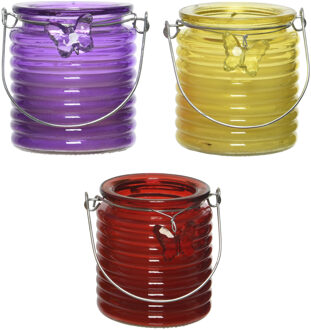 Decoris Citronella windlicht met kaars - 3x - paars/geel en rood - 20 branduren - citrusgeur