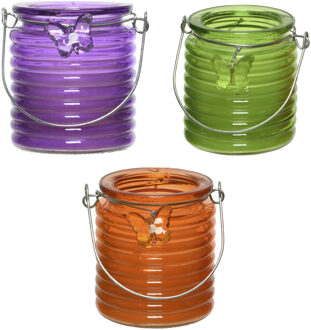 Decoris Citronella windlicht met kaars - 3x - paars/groen en oranje - 20 branduren - citrusgeur