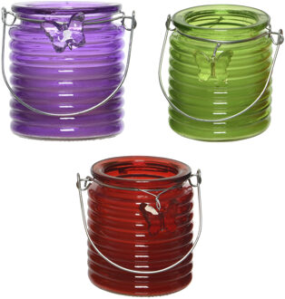 Decoris Citronella windlicht met kaars - 3x - paars/groen en rood - 20 branduren - citrusgeur
