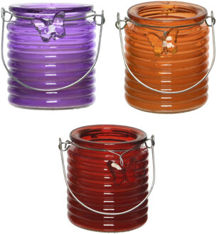 Decoris Citronella windlicht met kaars - 3x - paars/oranje en rood - 20 branduren - citrusgeur