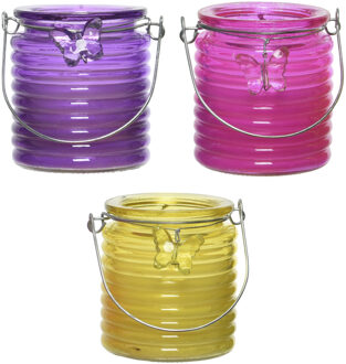 Decoris Citronella windlicht met kaars - 3x - paars/roze en geel - 20 branduren - citrusgeur