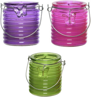 Decoris Citronella windlicht met kaars - 3x - paars/roze en groen - 20 branduren - citrusgeur