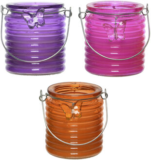 Decoris Citronella windlicht met kaars - 3x - paars/roze en oranje - 20 branduren - citrusgeur