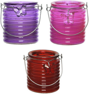 Decoris Citronella windlicht met kaars - 3x - paars/roze en rood - 20 branduren - citrusgeur