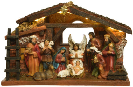 Decoris Complete verlichte kerststal - met beelden - L24 x B7,7 x H15 cm - Kerstmis decoratie