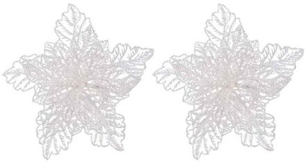 Decoris decoratie bloem - 2x - op clip - wit glitter - 23 cm - kunststof - kerstversiering