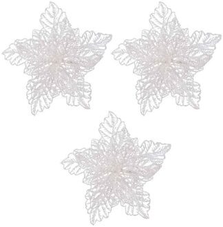 Decoris decoratie bloem - 3x - op clip - wit glitter - 23 cm - kunststof - kerstversiering