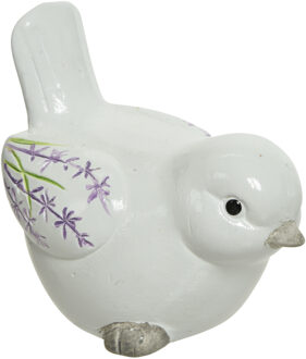 Decoris Decoratie dieren beeld vogel wit met lavendel bloemen met staart omhoog 9 cm - Tuinbeelden