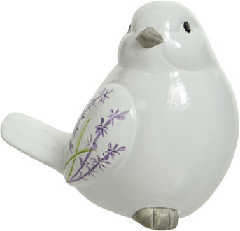 Decoris Decoratie dieren beeld vogel wit met lavendel bloemen met staart omlaag 9 cm - Tuinbeelden