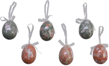 Decoris decoratie paaseieren - hangend - lente prints - 6x stuks - foam - 6 cm - aan lusjes Salie groen