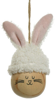 Decoris Decoratie paashaas paasei hangend - 12 cm - wit - kunststof
