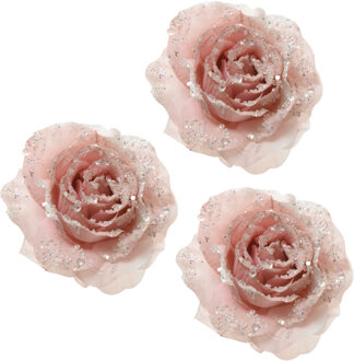 Decoris Decoratie roos - 3x - op clip - poeder roze - D14 cm - kunststof - bruiloft versiering - bloemen