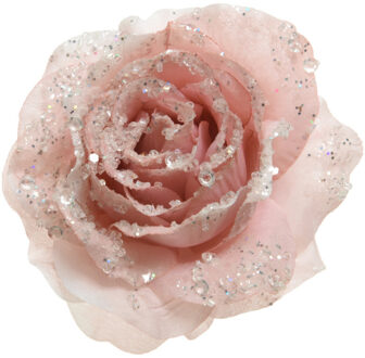 Decoris Decoratie roos - op clip - poeder roze - D14 cm - kunststof - bruiloft versiering - bloemen