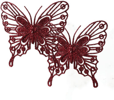 Decoris Decoratie vlinders op clip - 2x - donkerrood - 13 cm - glitter