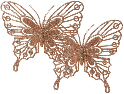 Decoris Decoratie vlinders op clip - 2x - lichtroze - 13 cm - glitter