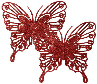 Decoris Decoratie vlinders op clip - 2x - rood - 13 cm - glitter