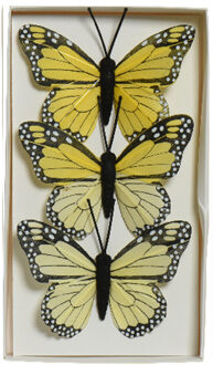 Decoris Decoratie vlinders op draad - 3x - geel - 8 x 6 cm