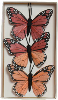 Decoris Decoratie vlinders op draad - 3x - rood - 8 x 6 cm