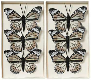 Decoris Decoratie vlinders op draad - 6x - bruin tinten - 8 x 6 cm