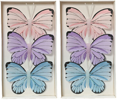 Decoris Decoratie vlinders op draad - 6x - gekleurd - 8 x 6 cm